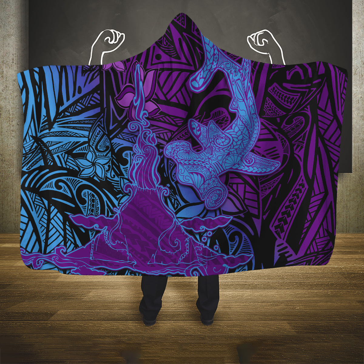 Hawaiian Volcano and Shark Hooded Blanket Polynesian and Hibiscus Pattern Violet Gradient