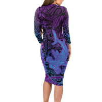 Hawaiian Volcano and Shark Long Sleeve Bodycon Dress Polynesian and Hibiscus Pattern Violet Gradient LT03 - Polynesian Pride