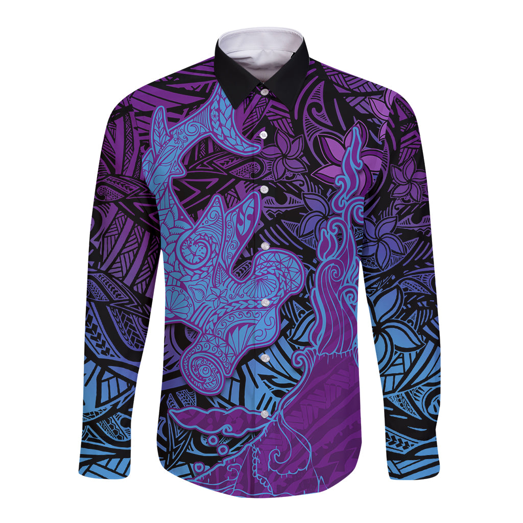 Hawaiian Volcano and Shark Long Sleeve Button Shirt Polynesian and Hibiscus Pattern Violet Gradient