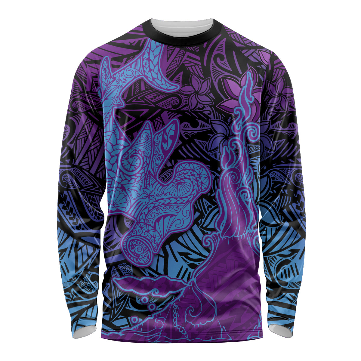 Hawaiian Volcano and Shark Long Sleeve Shirt Polynesian and Hibiscus Pattern Violet Gradient LT03 Unisex Violet - Polynesian Pride