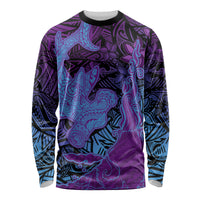 Hawaiian Volcano and Shark Long Sleeve Shirt Polynesian and Hibiscus Pattern Violet Gradient LT03 Unisex Violet - Polynesian Pride