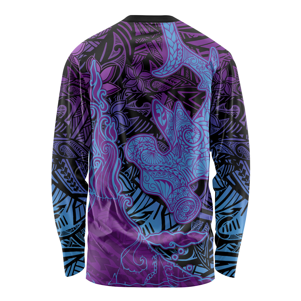 Hawaiian Volcano and Shark Long Sleeve Shirt Polynesian and Hibiscus Pattern Violet Gradient LT03 - Polynesian Pride