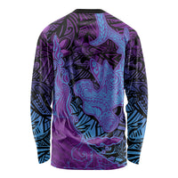 Hawaiian Volcano and Shark Long Sleeve Shirt Polynesian and Hibiscus Pattern Violet Gradient LT03 - Polynesian Pride