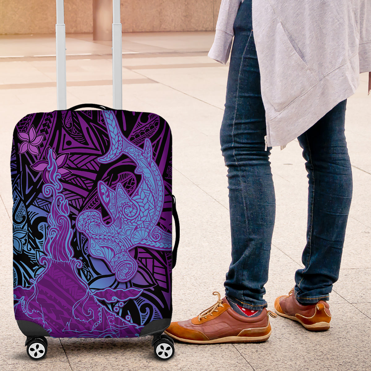 Hawaiian Volcano and Shark Luggage Cover Polynesian and Hibiscus Pattern Violet Gradient LT03 Violet - Polynesian Pride