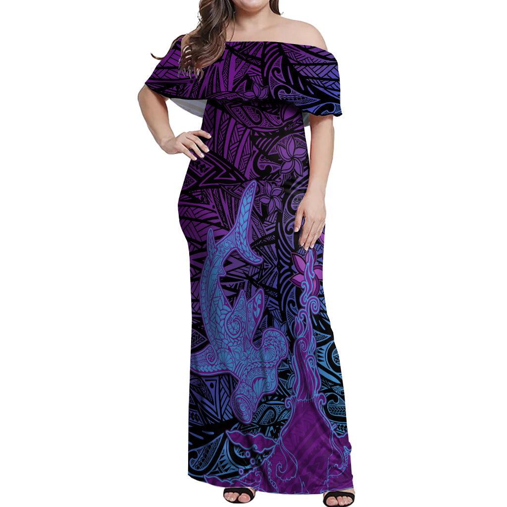 Hawaiian Volcano and Shark Off Shoulder Maxi Dress Polynesian and Hibiscus Pattern Violet Gradient LT03 Women Violet - Polynesian Pride