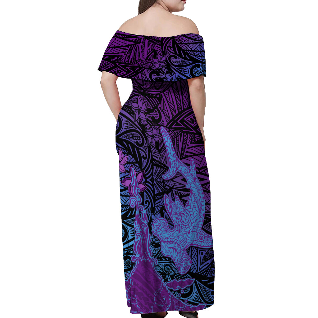 Hawaiian Volcano and Shark Off Shoulder Maxi Dress Polynesian and Hibiscus Pattern Violet Gradient LT03 - Polynesian Pride
