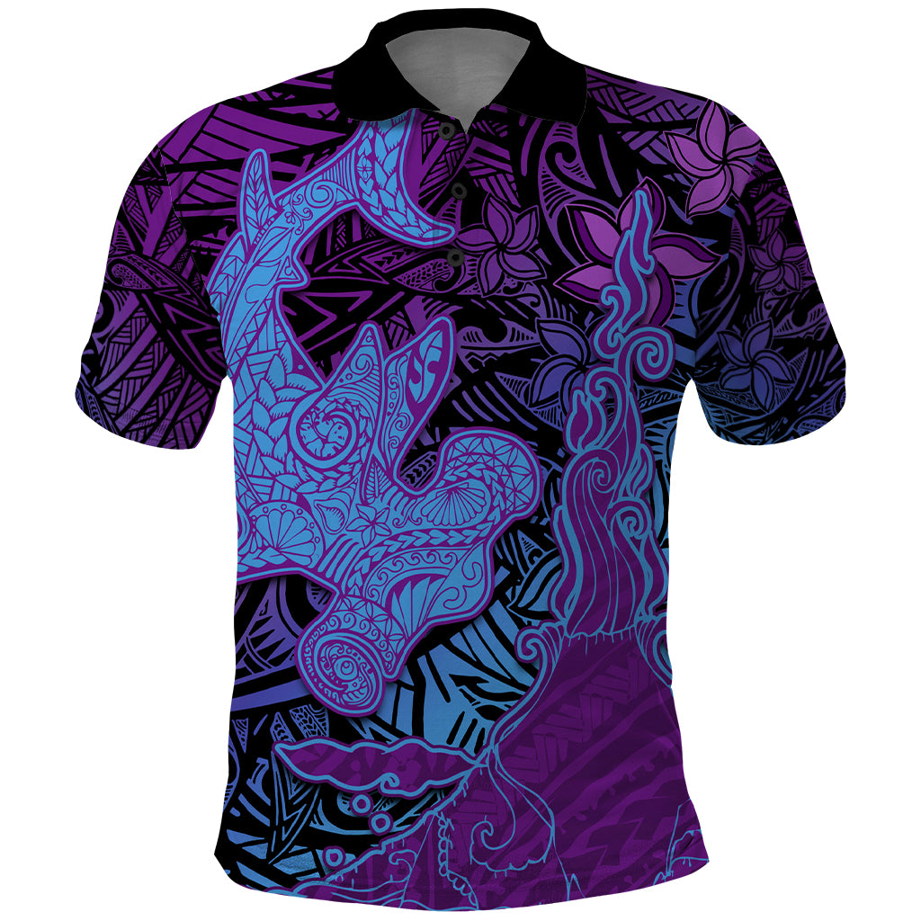 Hawaiian Volcano and Shark Polo Shirt Polynesian and Hibiscus Pattern Violet Gradient LT03 Violet - Polynesian Pride