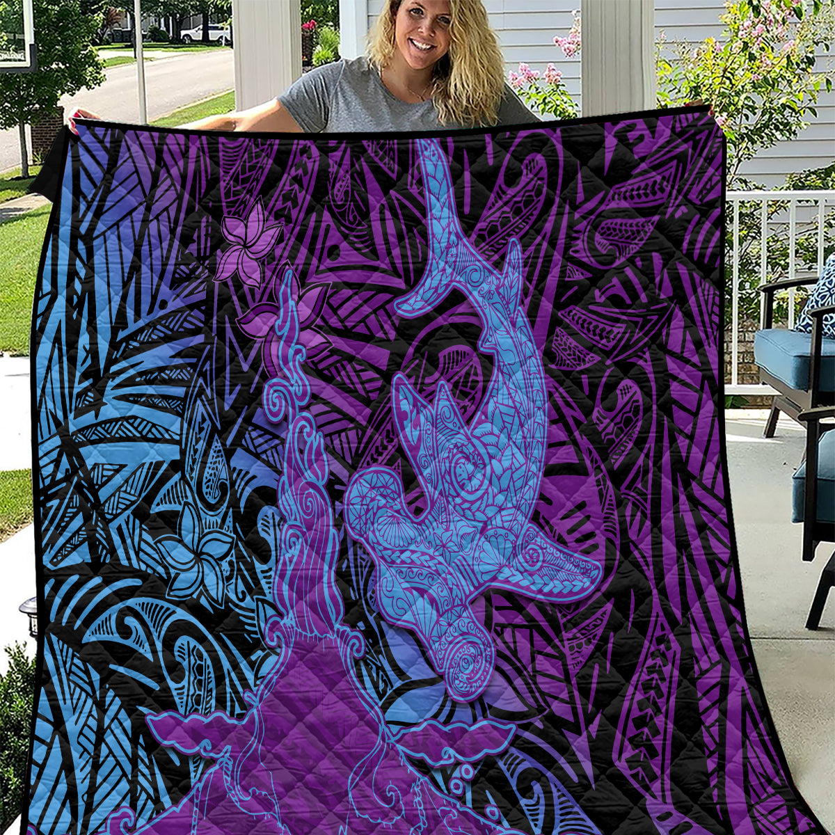Hawaiian Volcano and Shark Quilt Polynesian and Hibiscus Pattern Violet Gradient