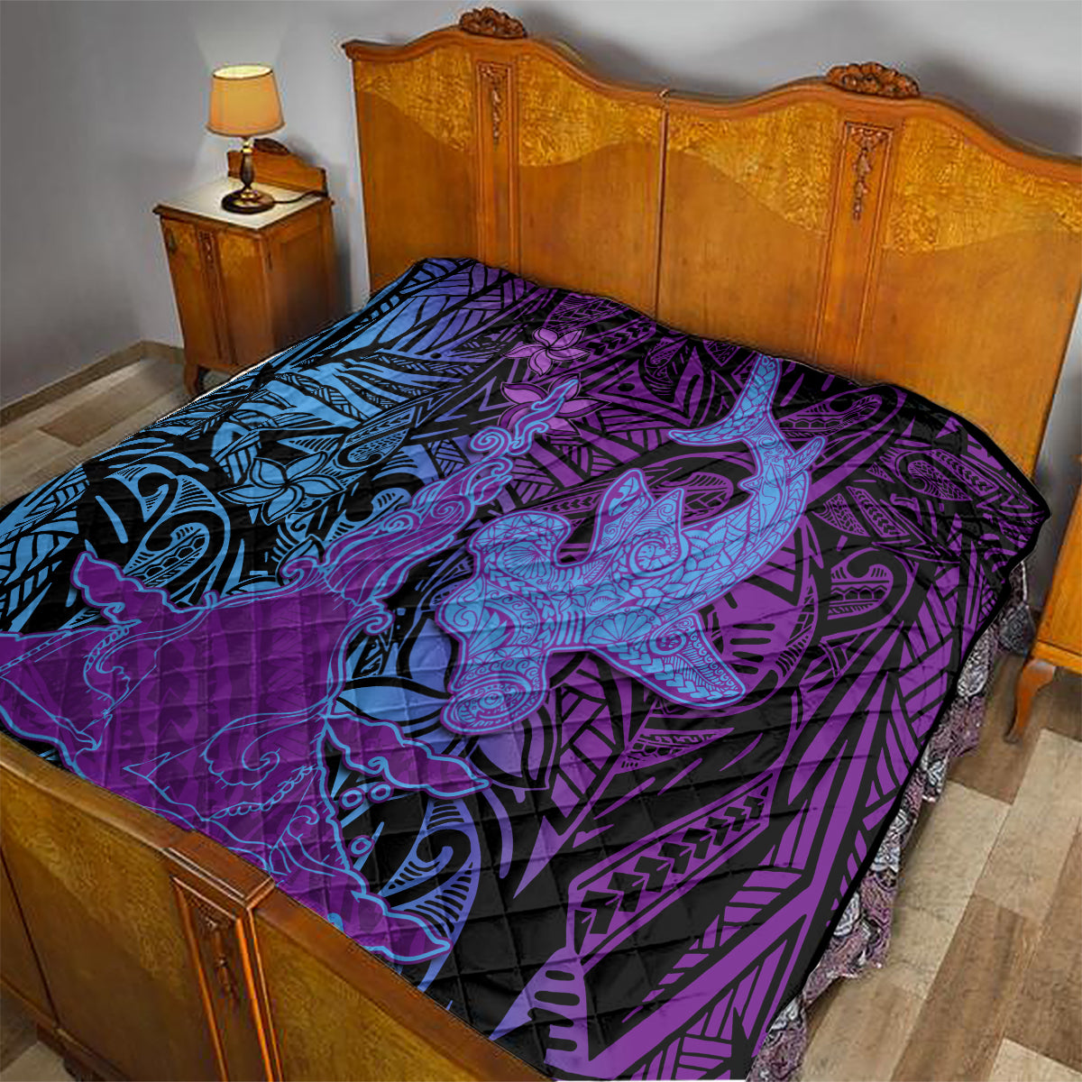 Hawaiian Volcano and Shark Quilt Polynesian and Hibiscus Pattern Violet Gradient LT03 - Polynesian Pride