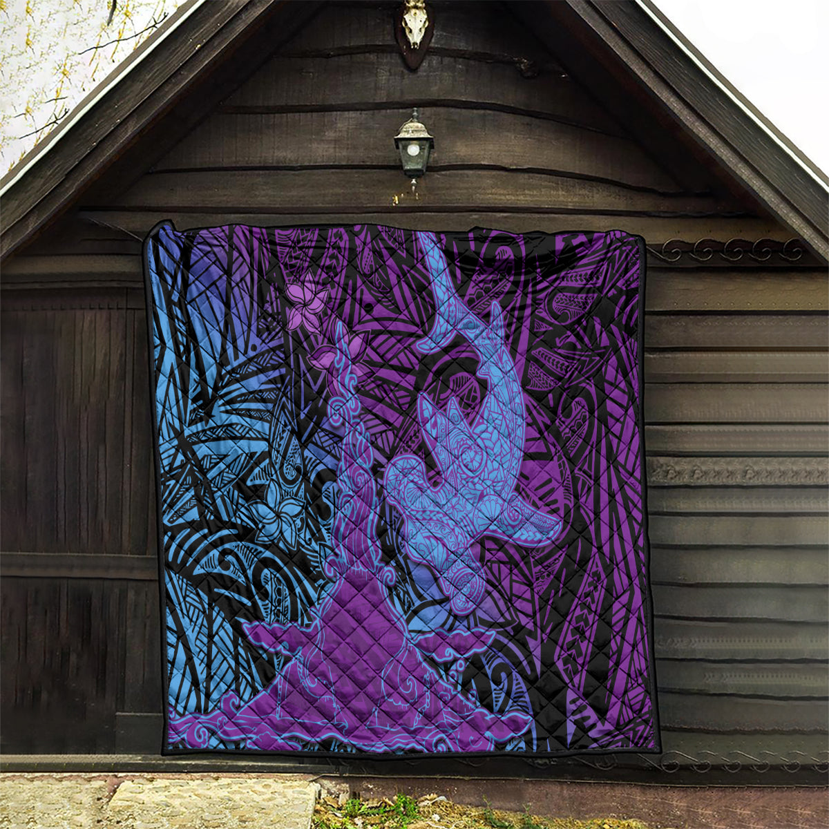 Hawaiian Volcano and Shark Quilt Polynesian and Hibiscus Pattern Violet Gradient LT03 - Polynesian Pride