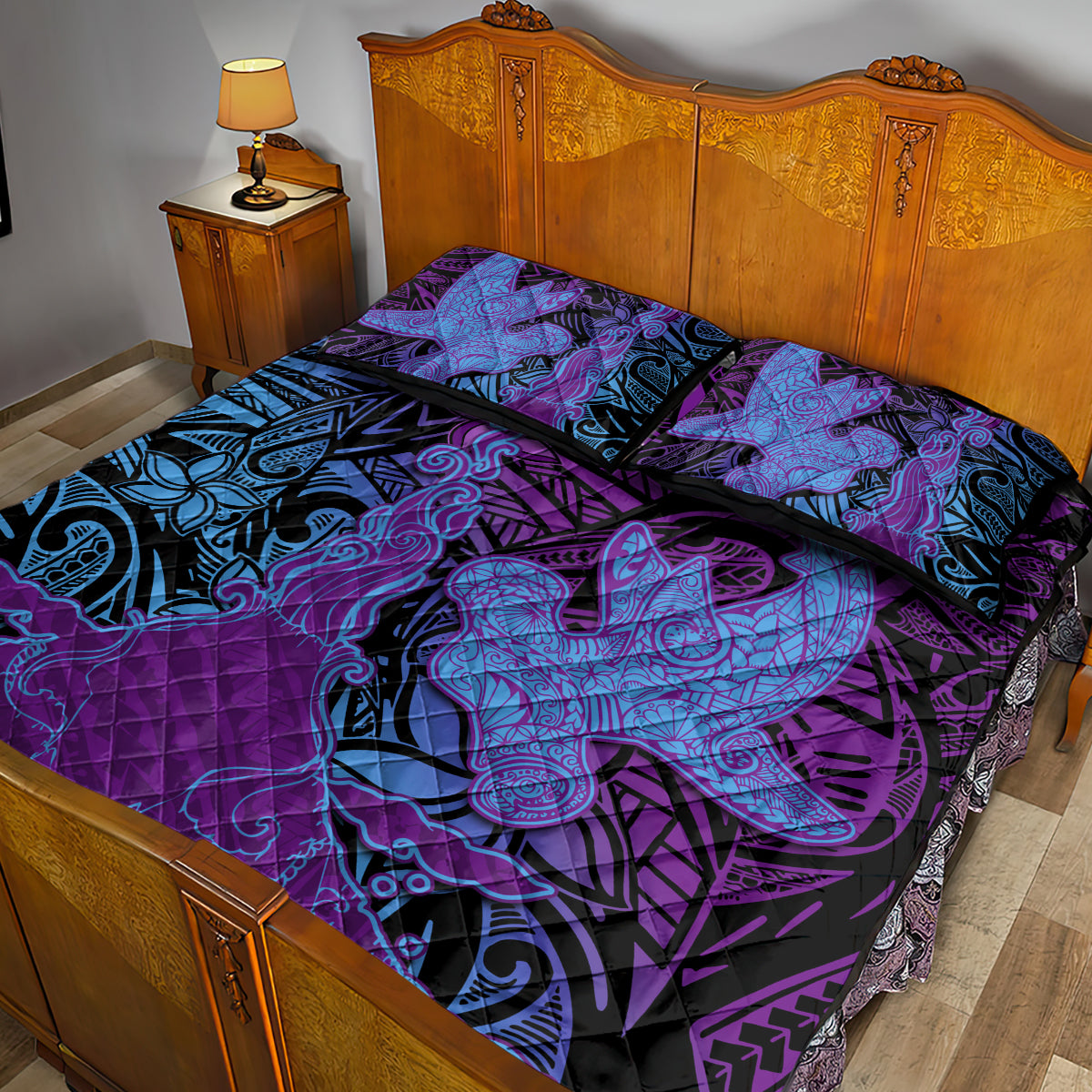Hawaiian Volcano and Shark Quilt Bed Set Polynesian and Hibiscus Pattern Violet Gradient LT03 - Polynesian Pride