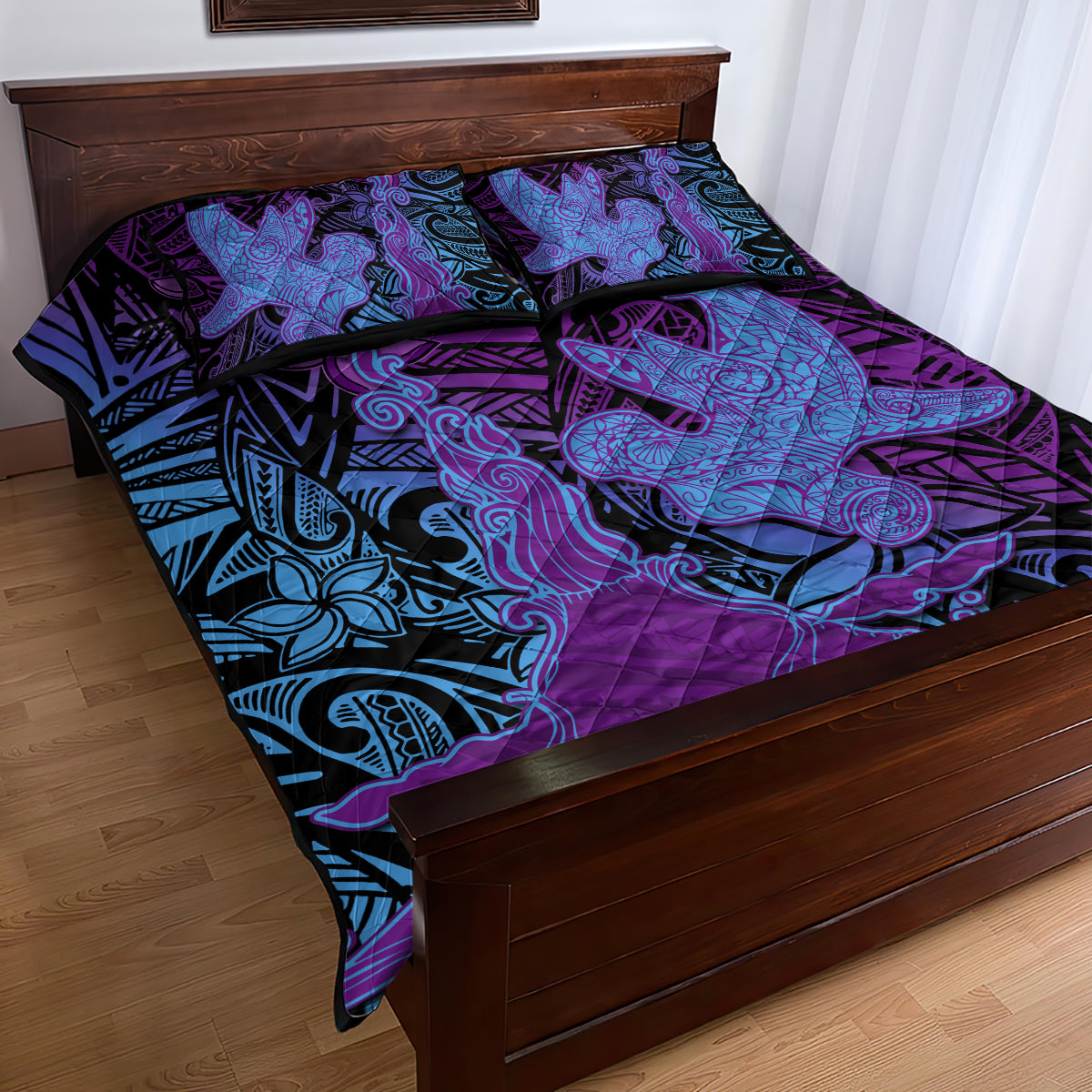 Hawaiian Volcano and Shark Quilt Bed Set Polynesian and Hibiscus Pattern Violet Gradient LT03 - Polynesian Pride