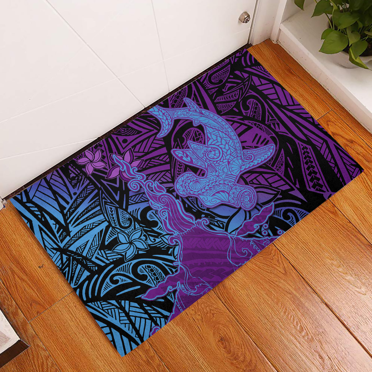 Hawaiian Volcano and Shark Rubber Doormat Polynesian and Hibiscus Pattern Violet Gradient LT03 Violet - Polynesian Pride