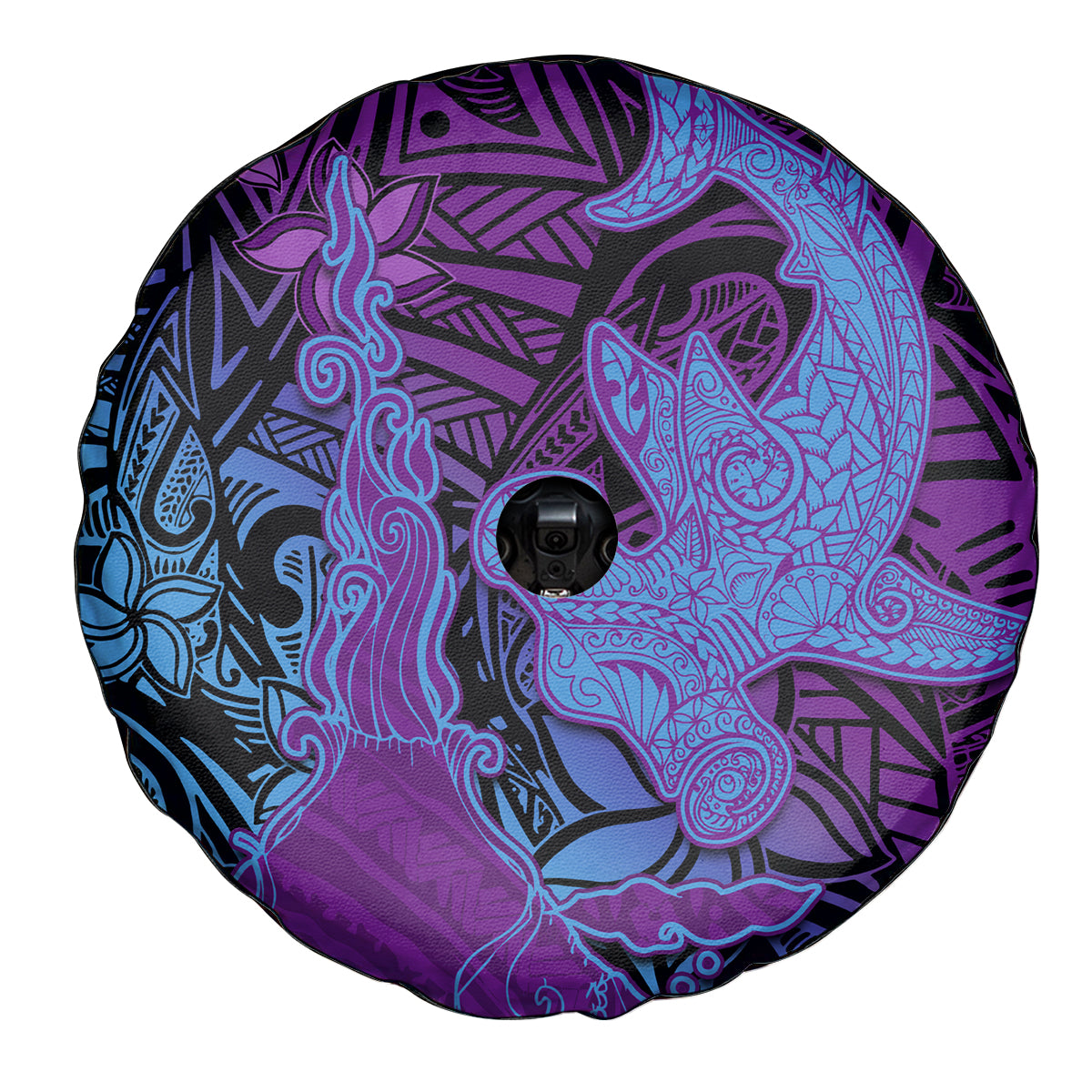 Hawaiian Volcano and Shark Spare Tire Cover Polynesian and Hibiscus Pattern Violet Gradient LT03 - Polynesian Pride