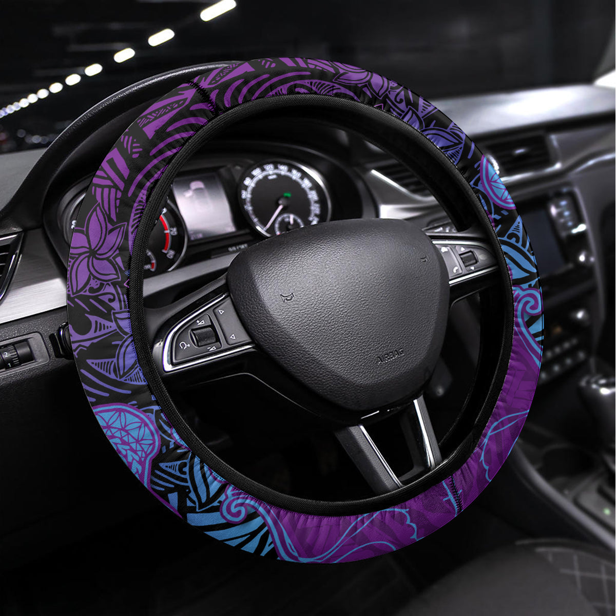 Hawaiian Volcano and Shark Steering Wheel Cover Polynesian and Hibiscus Pattern Violet Gradient