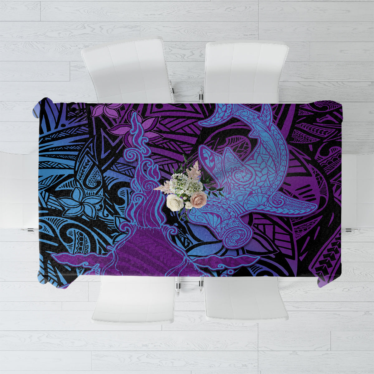 Hawaiian Volcano and Shark Tablecloth Polynesian and Hibiscus Pattern Violet Gradient LT03 Violet - Polynesian Pride