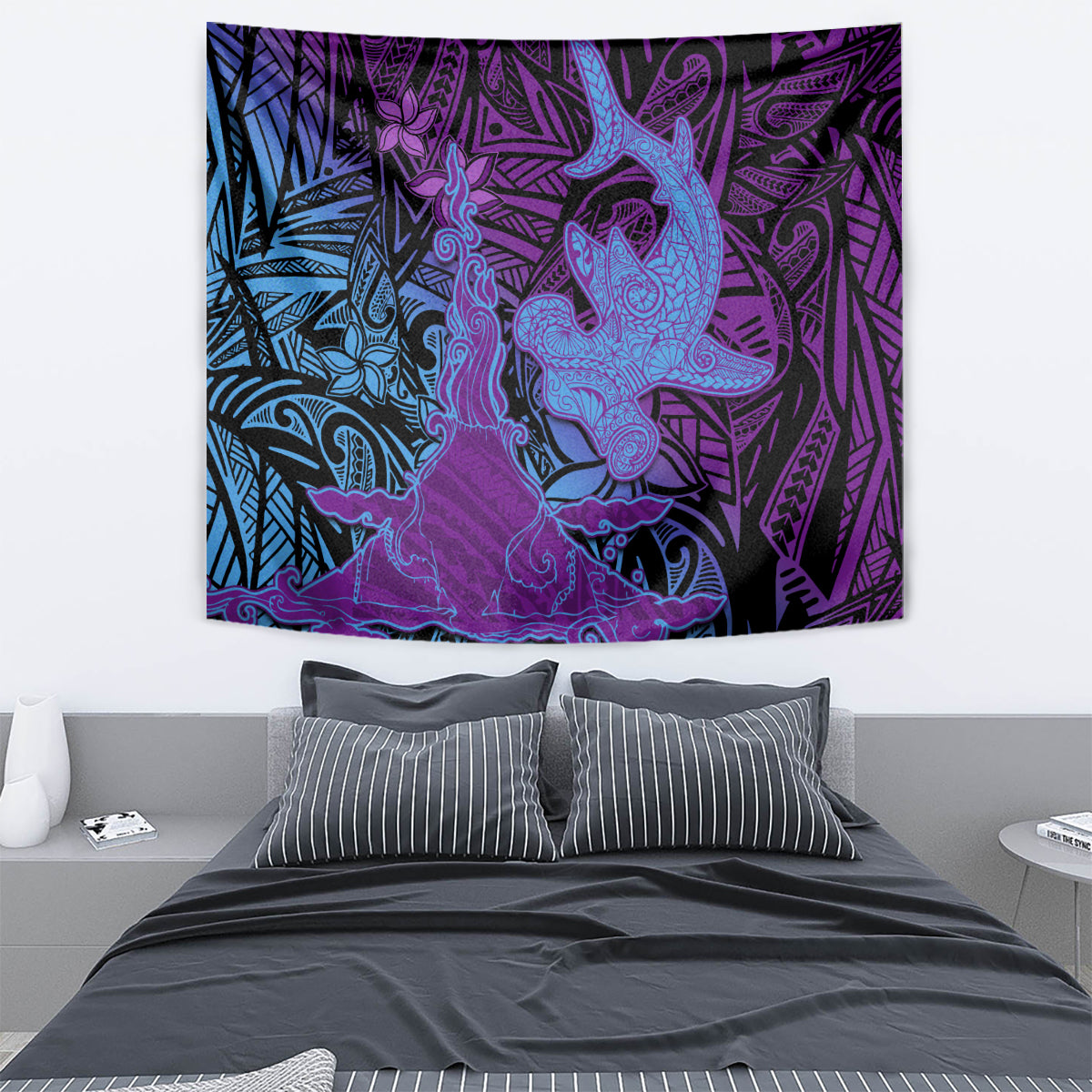 Hawaiian Volcano and Shark Tapestry Polynesian and Hibiscus Pattern Violet Gradient LT03 - Polynesian Pride