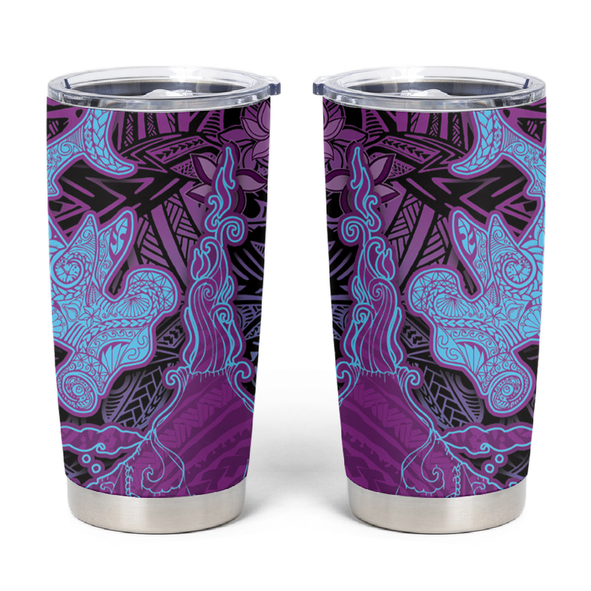 Hawaiian Volcano and Shark Tumbler Cup Polynesian and Hibiscus Pattern Violet Gradient LT03 Violet - Polynesian Pride