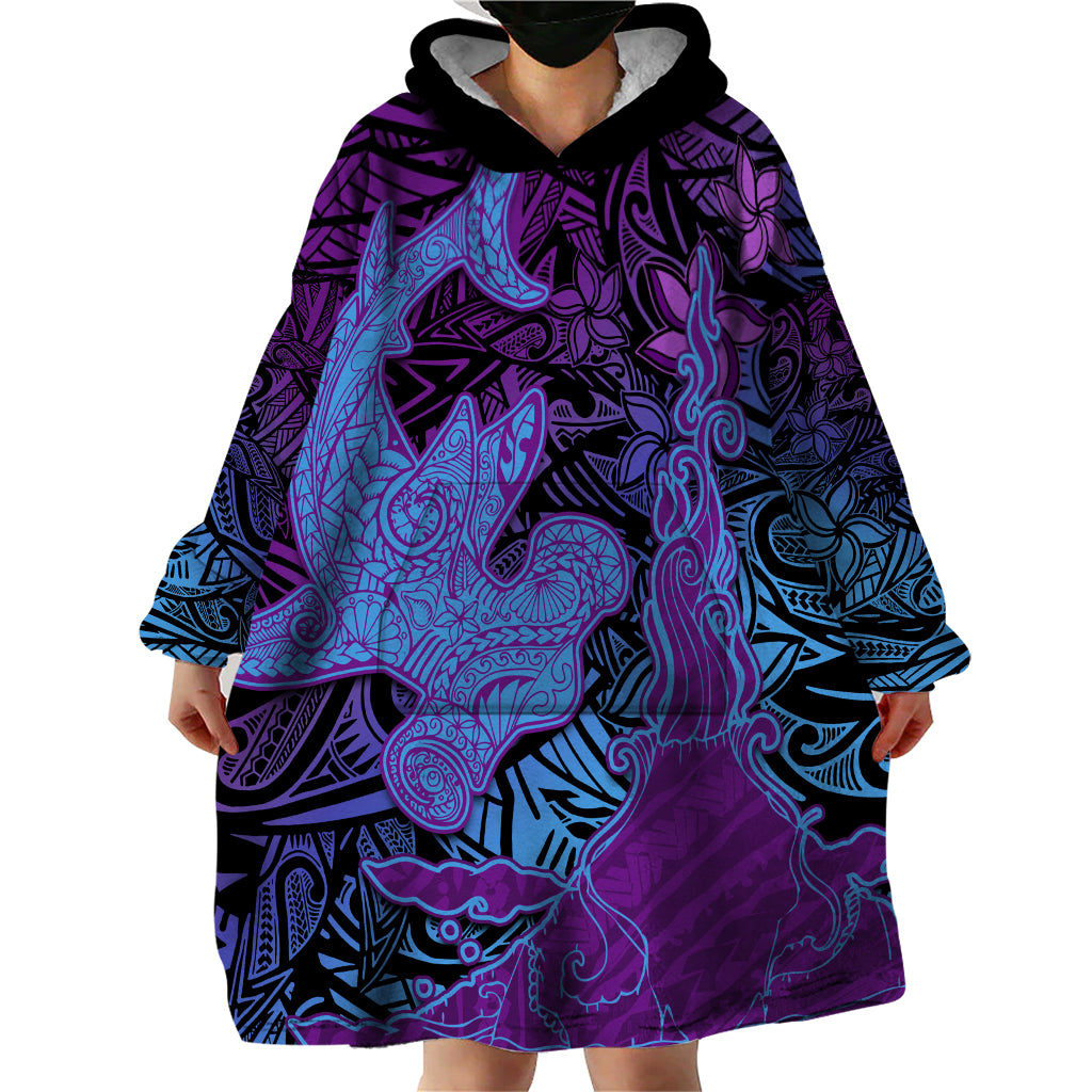 Hawaiian Volcano and Shark Wearable Blanket Hoodie Polynesian and Hibiscus Pattern Violet Gradient LT03 - Polynesian Pride