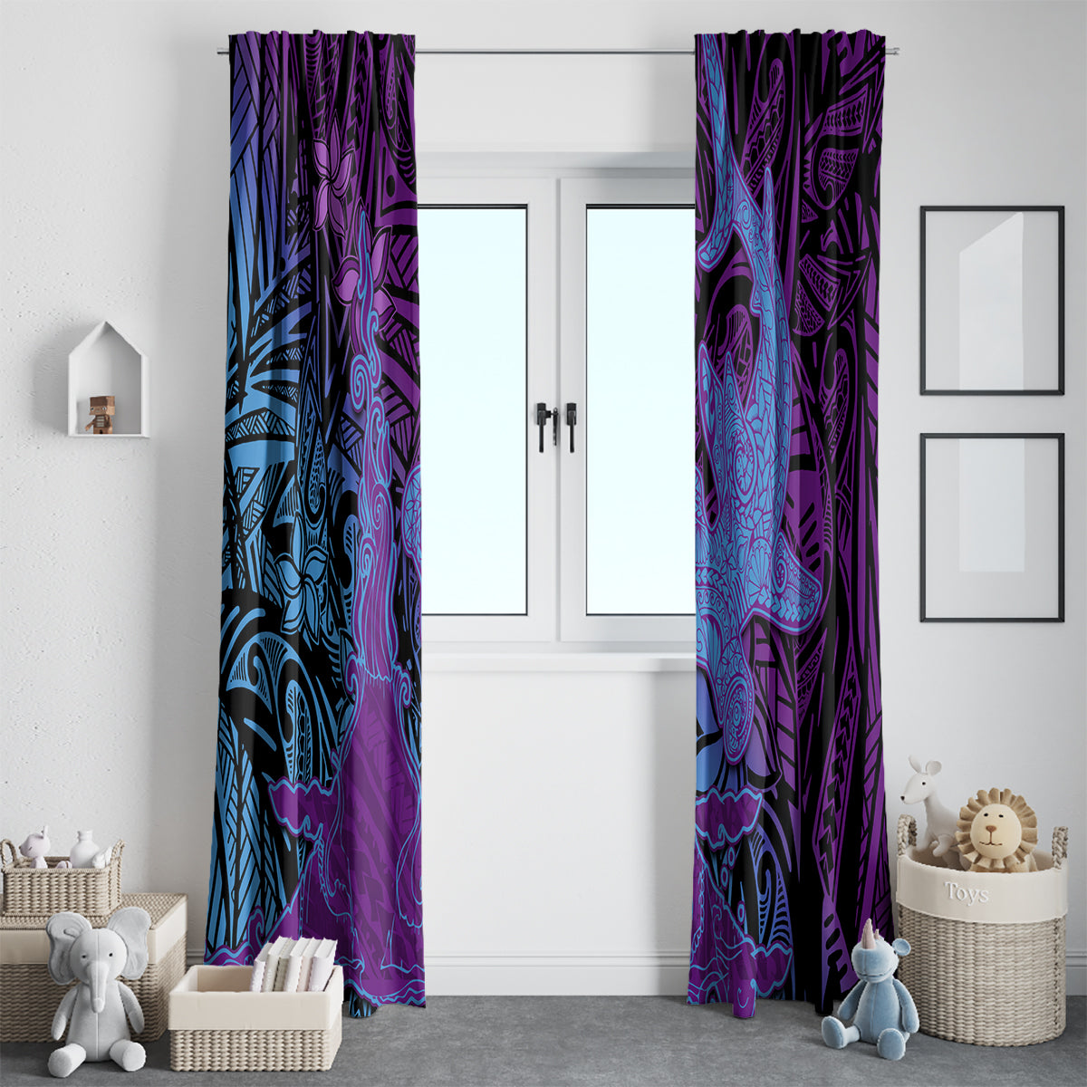 Hawaiian Volcano and Shark Window Curtain Polynesian and Hibiscus Pattern Violet Gradient LT03 - Polynesian Pride
