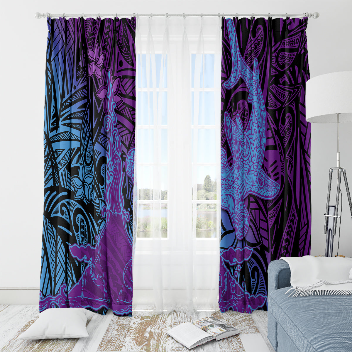 Hawaiian Volcano and Shark Window Curtain Polynesian and Hibiscus Pattern Violet Gradient LT03 - Polynesian Pride