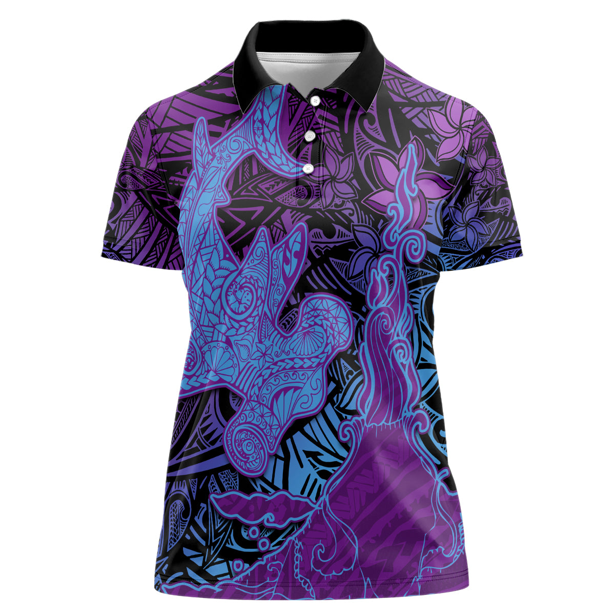 Hawaiian Volcano and Shark Women Polo Shirt Polynesian and Hibiscus Pattern Violet Gradient LT03 Female Violet - Polynesian Pride