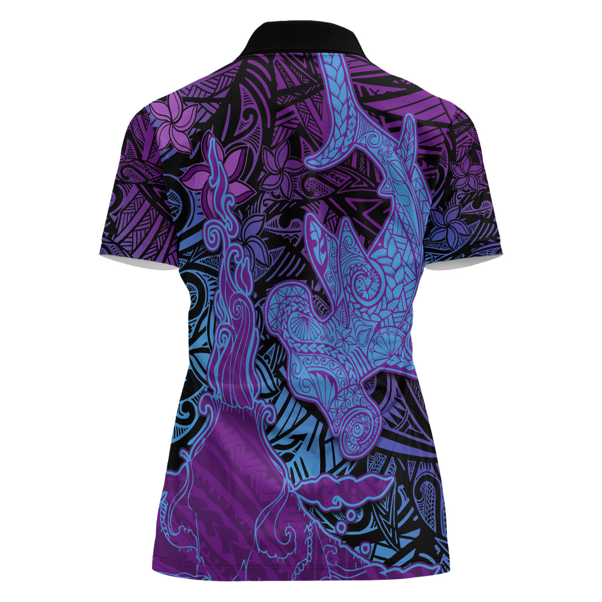 Hawaiian Volcano and Shark Women Polo Shirt Polynesian and Hibiscus Pattern Violet Gradient LT03 - Polynesian Pride