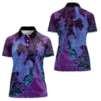 Hawaiian Volcano and Shark Women Polo Shirt Polynesian and Hibiscus Pattern Violet Gradient LT03 - Polynesian Pride