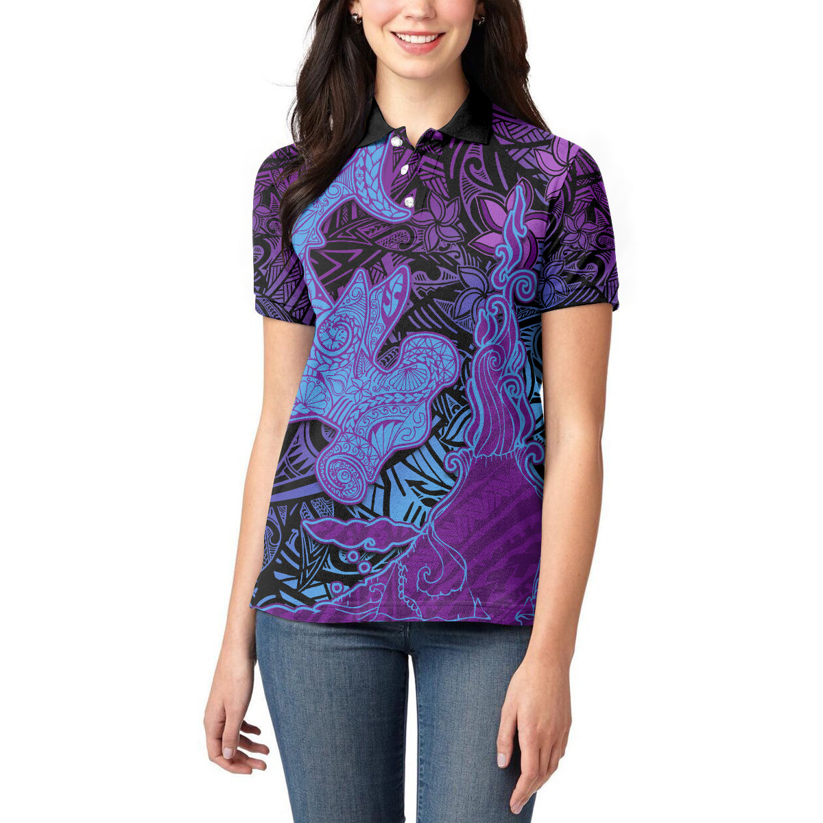 Hawaiian Volcano and Shark Women Polo Shirt Polynesian and Hibiscus Pattern Violet Gradient LT03 - Polynesian Pride