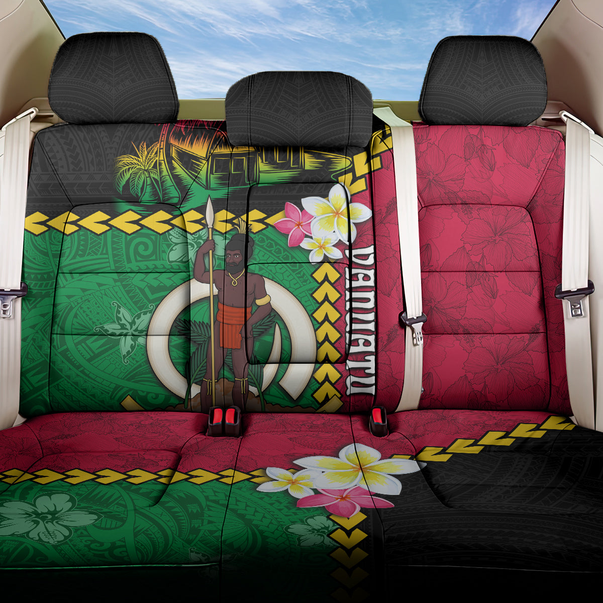 Vanuatu Nakamal and Plumeria Flowers Back Car Seat Cover Polynesian Pattern LT03 One Size Black - Polynesian Pride