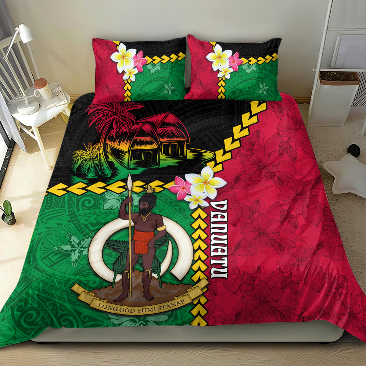 Vanuatu Nakamal and Plumeria Flowers Bedding Set Polynesian Pattern LT03 - Polynesian Pride