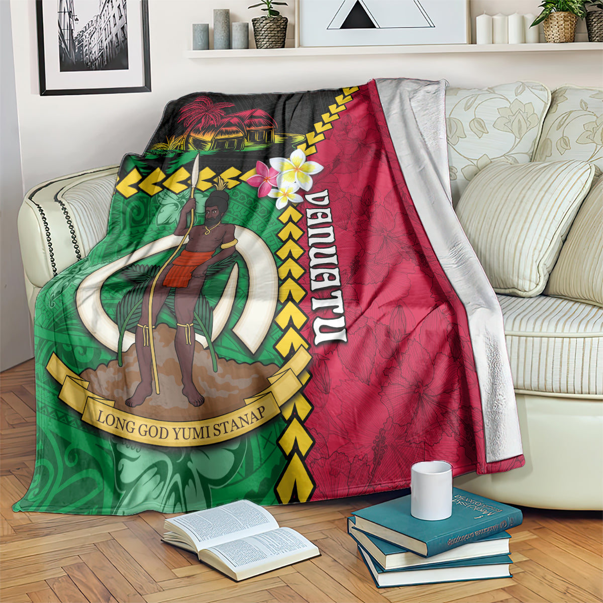 Vanuatu Nakamal and Plumeria Flowers Blanket Polynesian Pattern LT03 Black - Polynesian Pride
