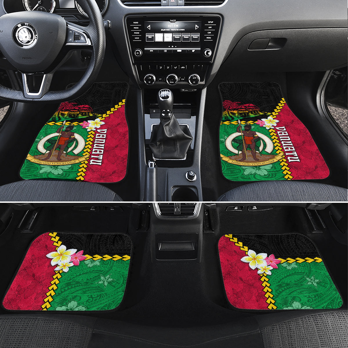 Vanuatu Nakamal and Plumeria Flowers Car Mats Polynesian Pattern LT03 Set 4pcs Black - Polynesian Pride