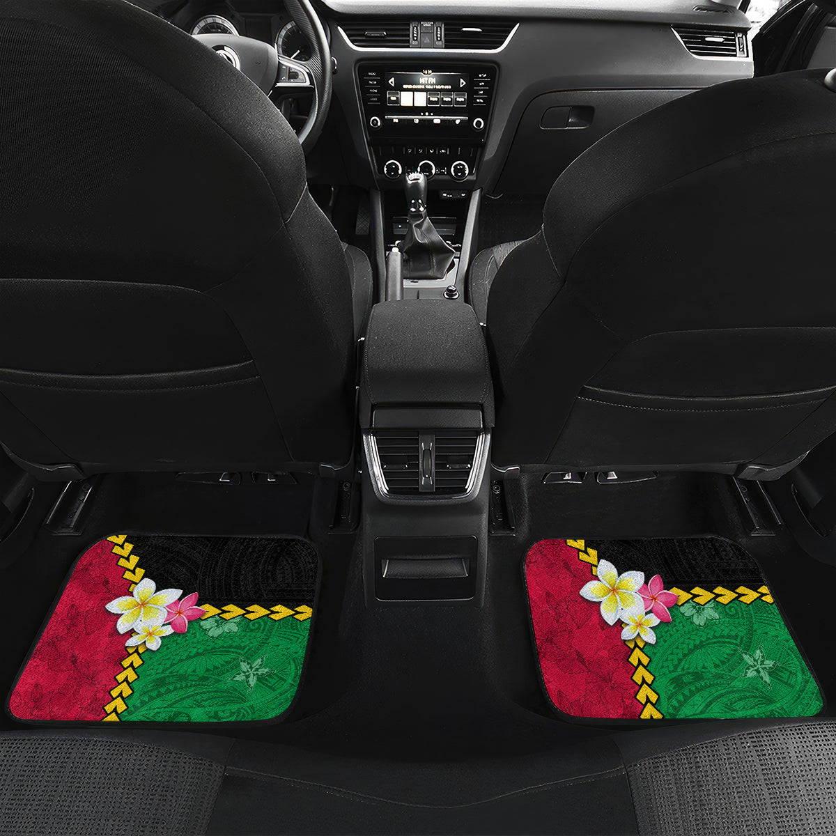 Vanuatu Nakamal and Plumeria Flowers Car Mats Polynesian Pattern LT03 Set 2pcs - Back Black - Polynesian Pride