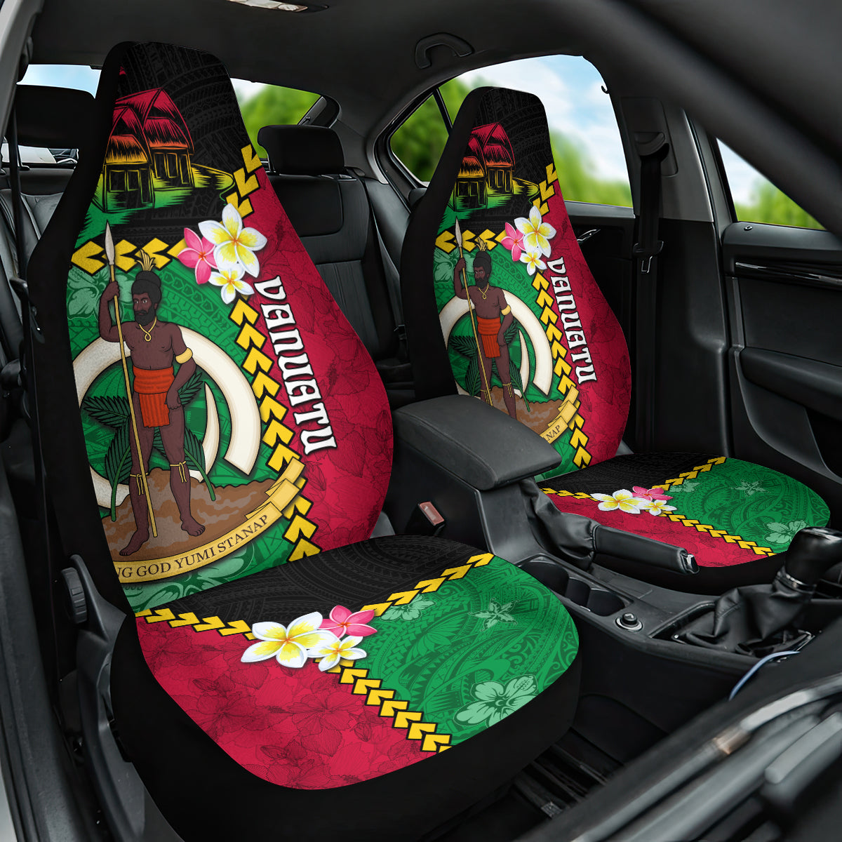 Vanuatu Nakamal and Plumeria Flowers Car Seat Cover Polynesian Pattern LT03 One Size Black - Polynesian Pride