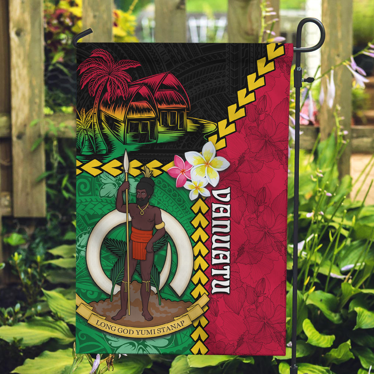 Vanuatu Nakamal and Plumeria Flowers Garden Flag Polynesian Pattern LT03 Garden Flag Black - Polynesian Pride
