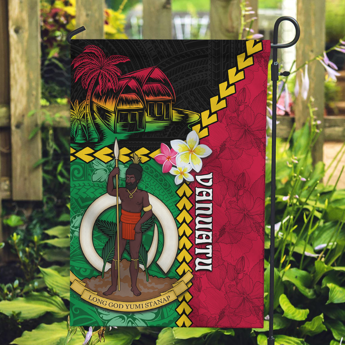 Vanuatu Nakamal and Plumeria Flowers Garden Flag Polynesian Pattern