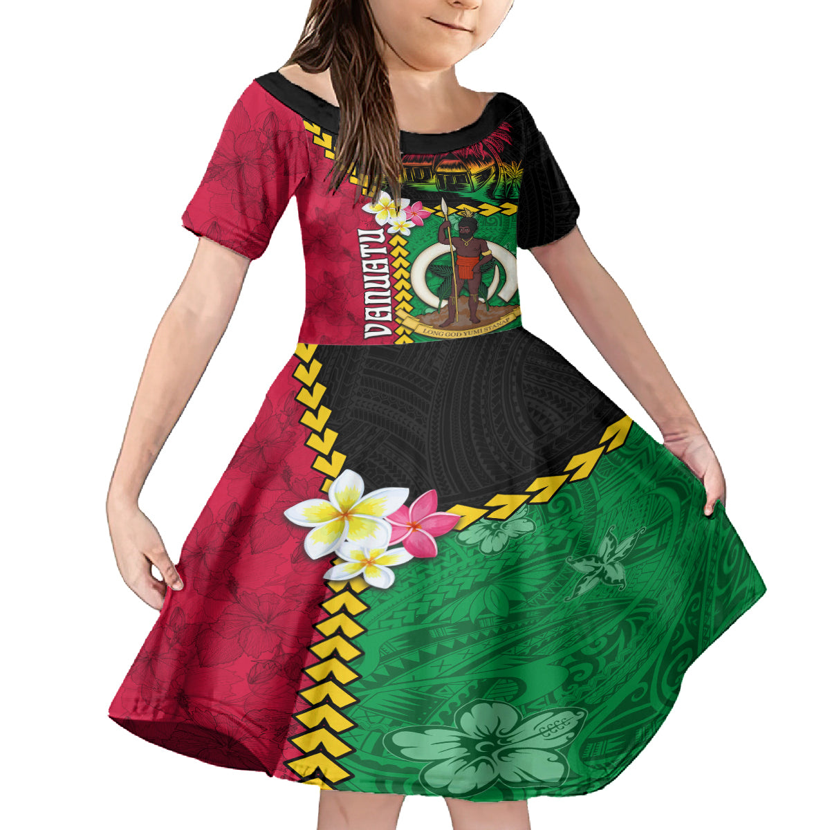Vanuatu Nakamal and Plumeria Flowers Kid Short Sleeve Dress Polynesian Pattern LT03 KID Black - Polynesian Pride