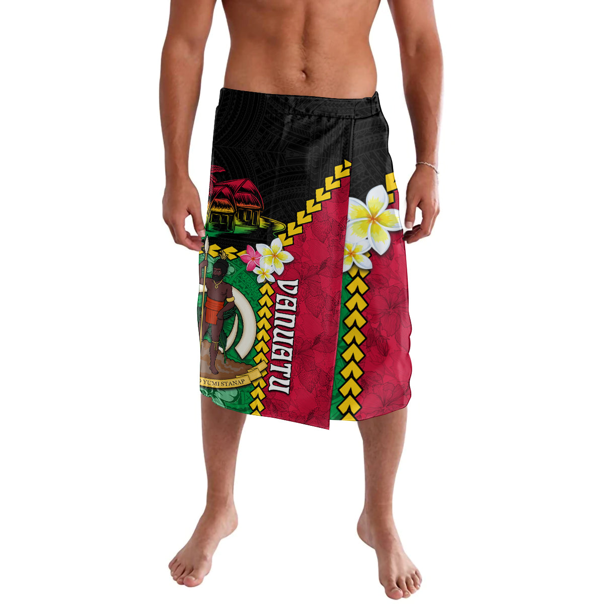 Vanuatu Nakamal and Plumeria Flowers Lavalava Polynesian Pattern LT03 Black - Polynesian Pride