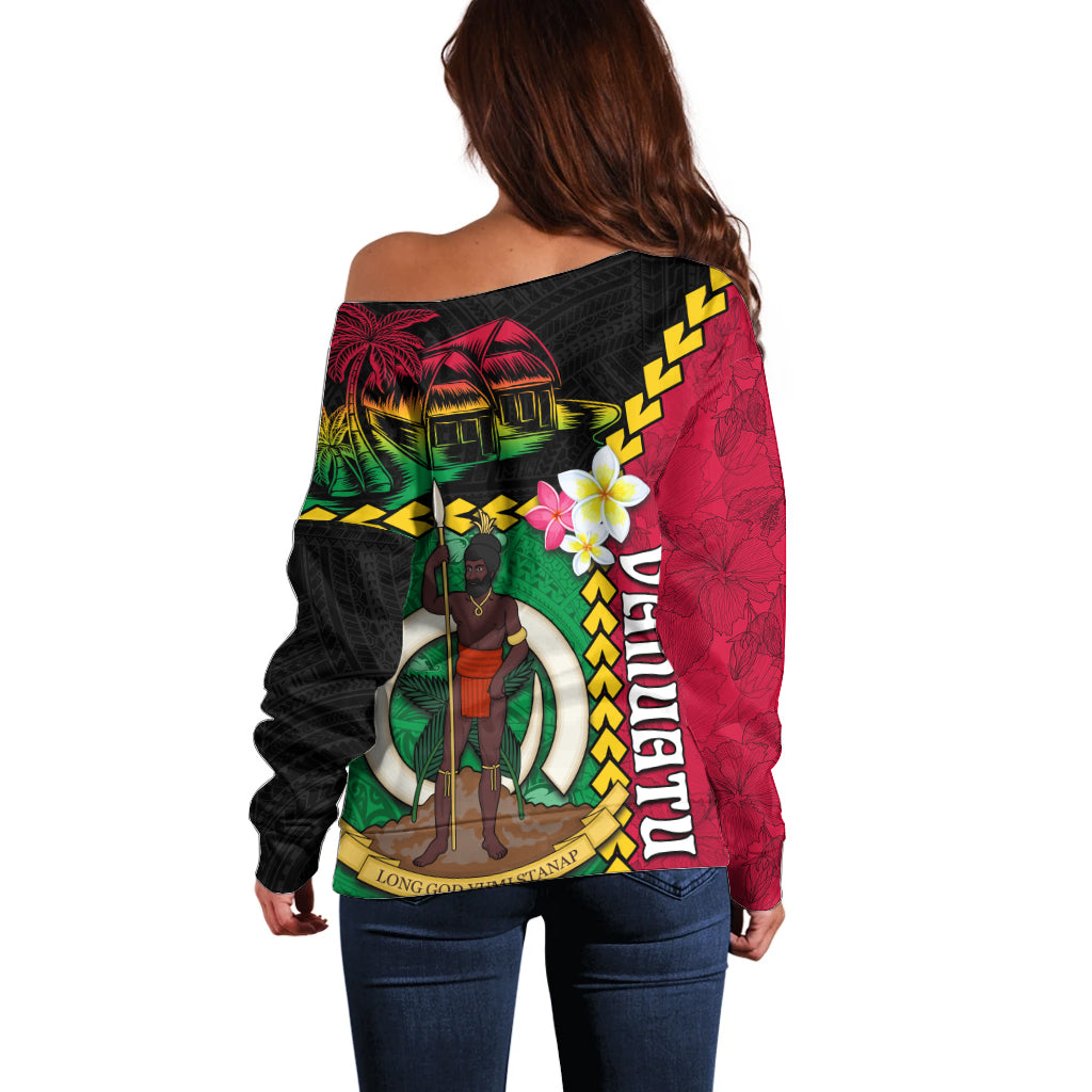 Vanuatu Nakamal and Plumeria Flowers Off Shoulder Sweater Polynesian Pattern LT03 - Polynesian Pride