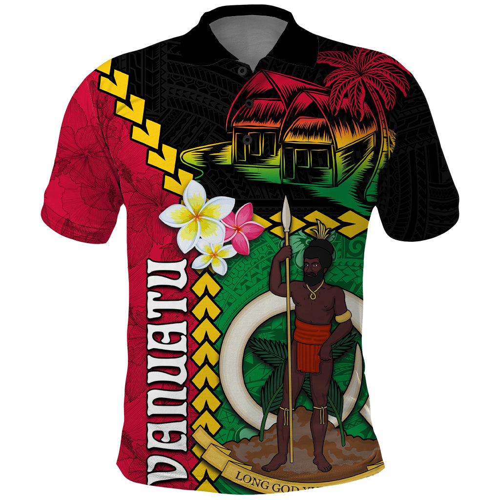 Vanuatu Nakamal and Plumeria Flowers Polo Shirt Polynesian Pattern LT03 Black - Polynesian Pride
