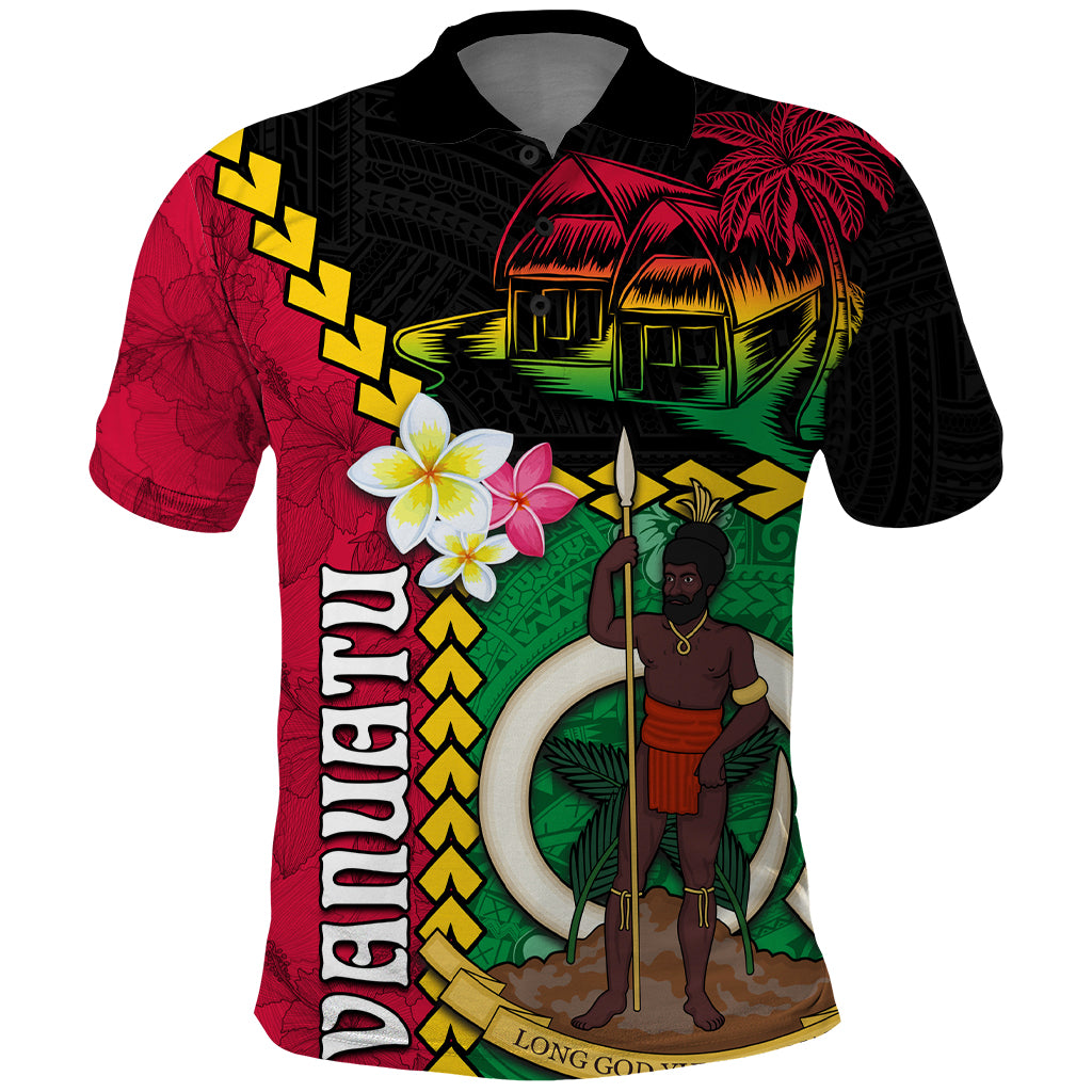 Vanuatu Nakamal and Plumeria Flowers Polo Shirt Polynesian Pattern