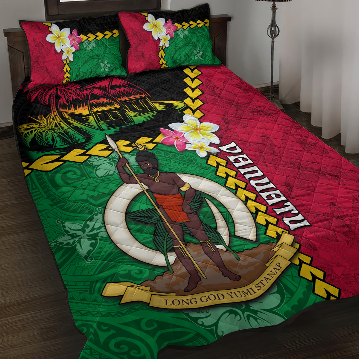 Vanuatu Nakamal and Plumeria Flowers Quilt Bed Set Polynesian Pattern LT03 Black - Polynesian Pride