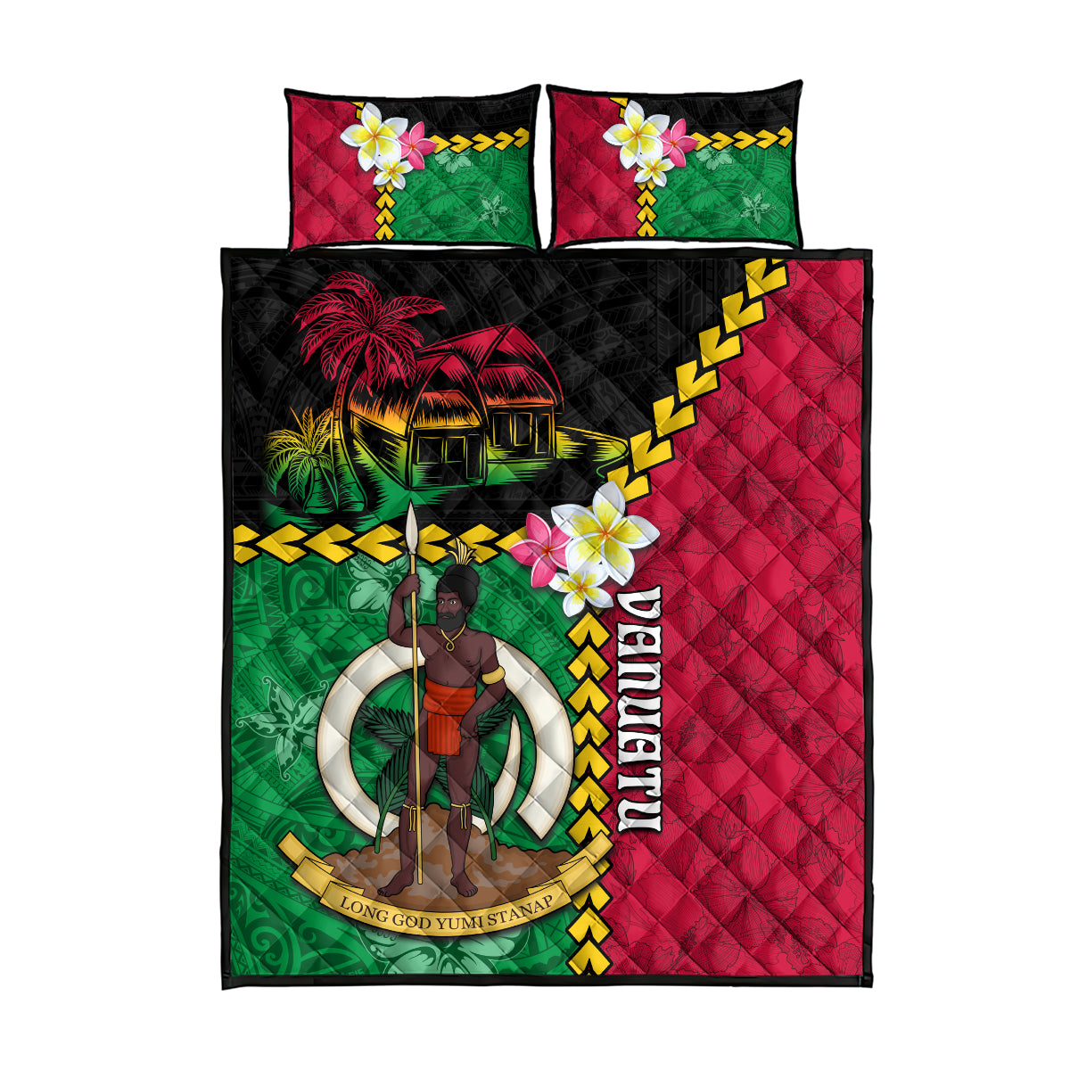 Vanuatu Nakamal and Plumeria Flowers Quilt Bed Set Polynesian Pattern LT03 - Polynesian Pride