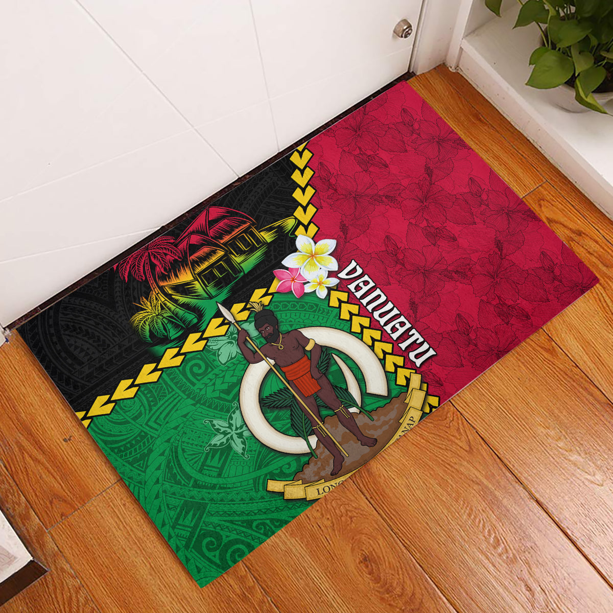 Vanuatu Nakamal and Plumeria Flowers Rubber Doormat Polynesian Pattern LT03 Black - Polynesian Pride