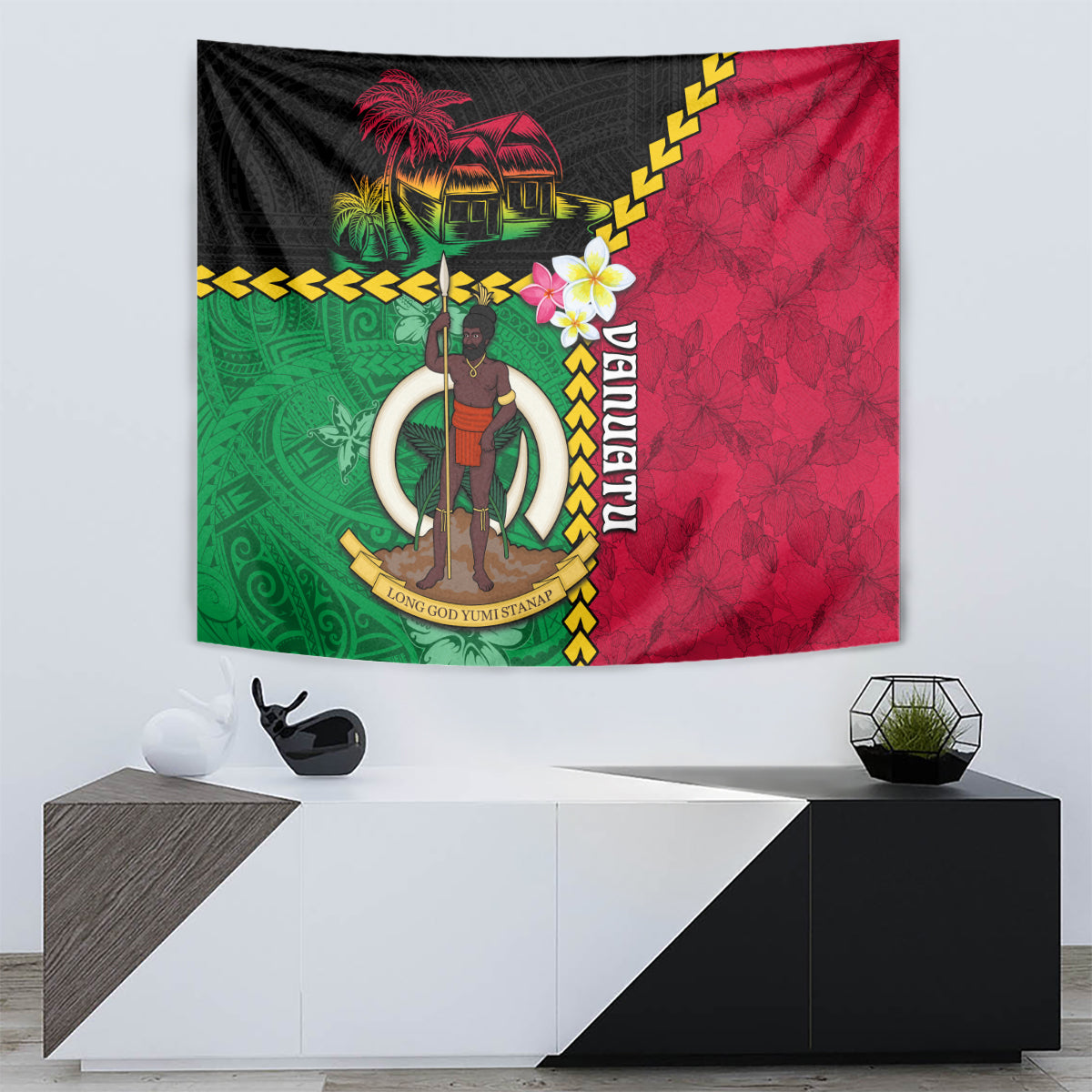 Vanuatu Nakamal and Plumeria Flowers Tapestry Polynesian Pattern LT03 - Polynesian Pride