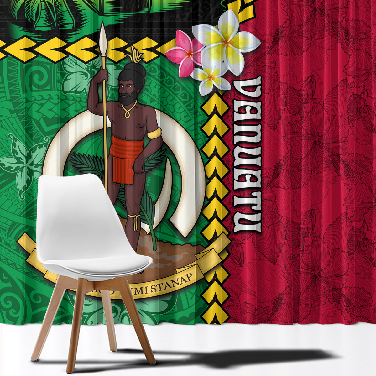 Vanuatu Nakamal and Plumeria Flowers Window Curtain Polynesian Pattern LT03 - Polynesian Pride