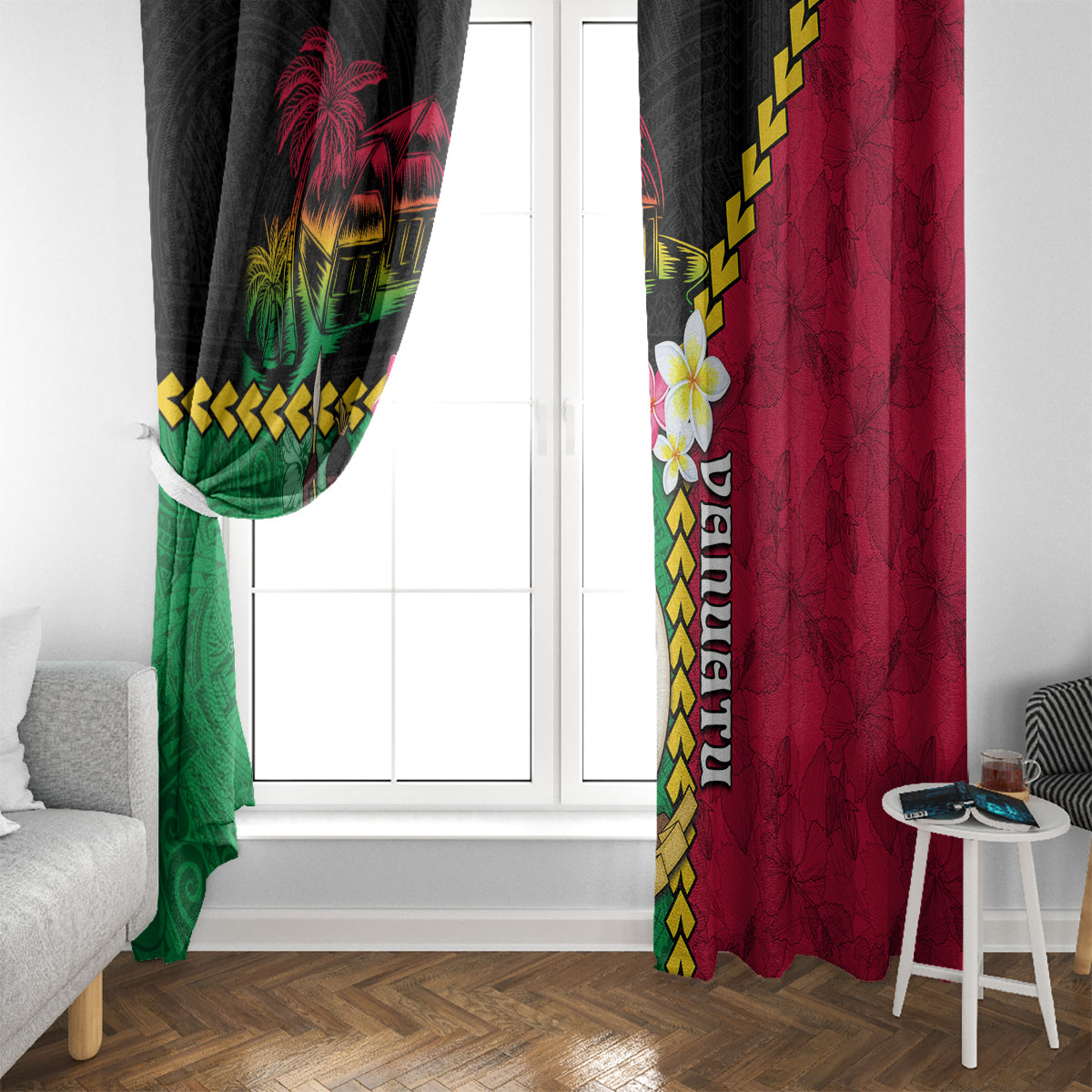 Vanuatu Nakamal and Plumeria Flowers Window Curtain Polynesian Pattern LT03 - Polynesian Pride