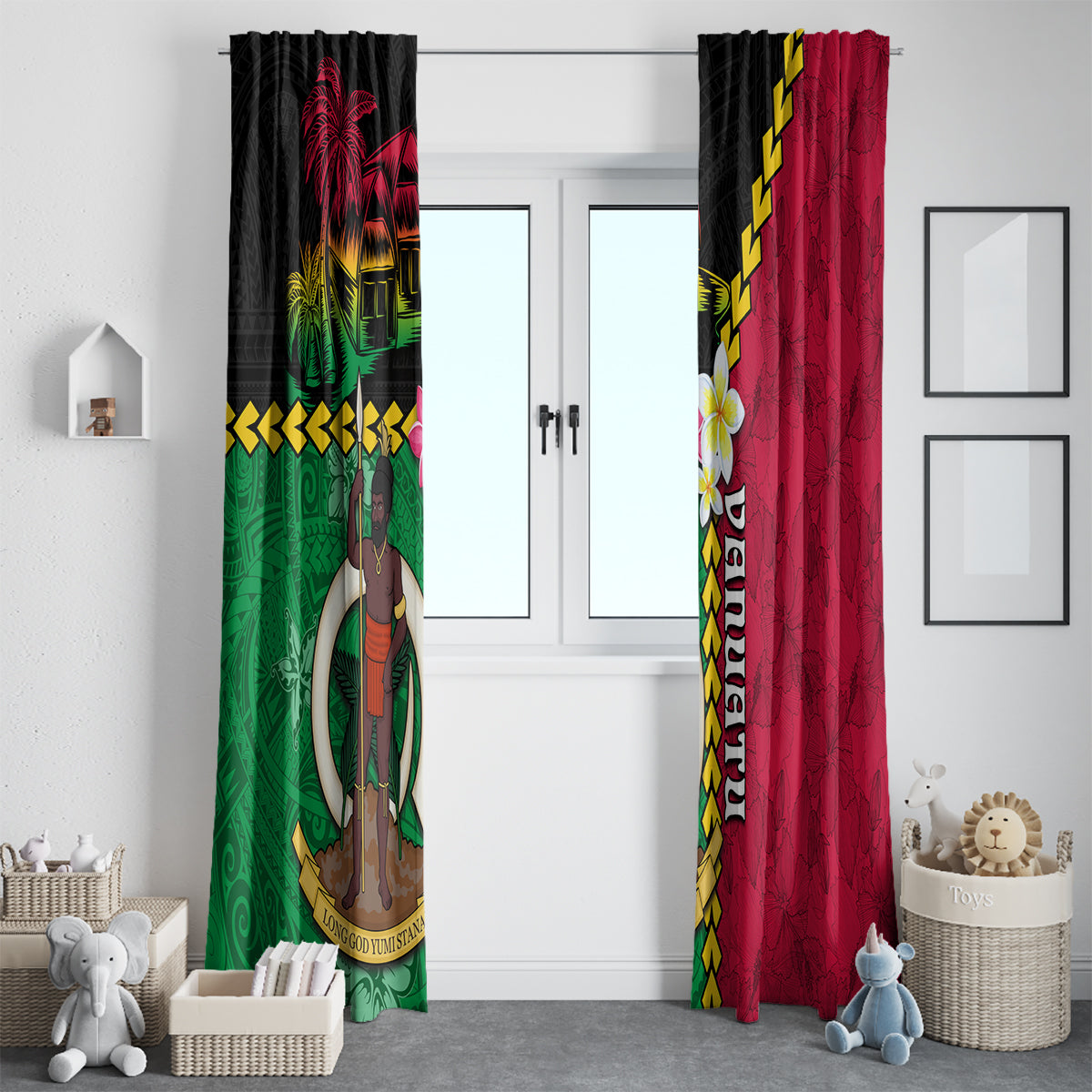 Vanuatu Nakamal and Plumeria Flowers Window Curtain Polynesian Pattern LT03 - Polynesian Pride