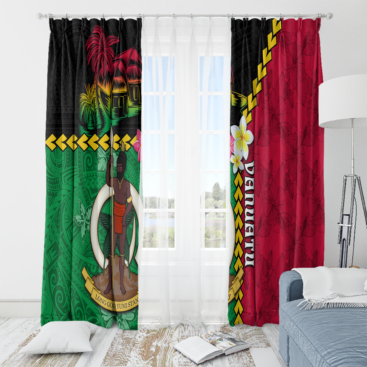 Vanuatu Nakamal and Plumeria Flowers Window Curtain Polynesian Pattern LT03 - Polynesian Pride